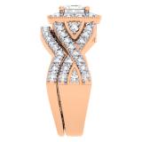 1.40 Carat (ctw) 18K Rose Gold Princess & Round Diamond Twisted Swirl Ladies Bridal Halo Engagement Ring Set