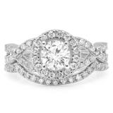 1.30 Carat (ctw) 10K White Gold Round Cut Diamond Ladies Bridal Swirl Split Shank Halo Engagement Ring With Matching Band Set 1 1/3 CT