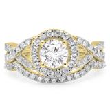 1.30 Carat (ctw) 10K Yellow Gold Round Cut Diamond Ladies Bridal Swirl Split Shank Halo Engagement Ring With Matching Band Set 1 1/3 CT
