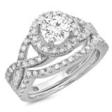 1.30 Carat (ctw) 14K White Gold Round Cut Diamond Ladies Bridal Swirl Split Shank Halo Engagement Ring With Matching Band Set 1 1/3 CT