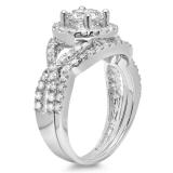 1.30 Carat (ctw) 14K White Gold Round Cut Diamond Ladies Bridal Swirl Split Shank Halo Engagement Ring With Matching Band Set 1 1/3 CT