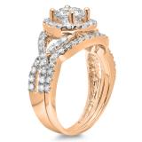 1.30 Carat (ctw) 18K Rose Gold Round Cut Diamond Ladies Bridal Swirl Split Shank Halo Engagement Ring With Matching Band Set 1 1/3 CT