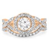 1.30 Carat (ctw) 18K Rose Gold Round Cut Diamond Ladies Bridal Swirl Split Shank Halo Engagement Ring With Matching Band Set 1 1/3 CT