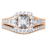 1.50 Carat (ctw) 10K Rose Gold Princess & Round Diamond Ladies Halo Bridal Engagement Ring Set 1 1/2 CT