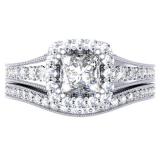 1.50 Carat (ctw) 14K White Gold Princess & Round Diamond Ladies Halo Bridal Engagement Ring Set 1 1/2 CT