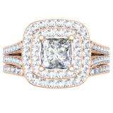 1.70 Carat (ctw) 10K Rose Gold Princess & Round Cut Diamond Ladies Split Shank Halo Bridal Engagement Ring With Matching Band Set