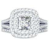 1.70 Carat (ctw) 18K White Gold Princess & Round Cut Diamond Ladies Split Shank Halo Bridal Engagement Ring With Matching Band Set