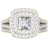 1.70 Carat (ctw) 18K Yellow Gold Princess & Round Cut Diamond Ladies Split Shank Halo Bridal Engagement Ring With Matching Band Set