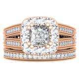 1.50 Carat (ctw) 10K Rose Gold Princess & Round Cut Diamond Ladies Split Shank Halo Style Bridal Engagement Ring With Matching Band Set 1 1/2 CT