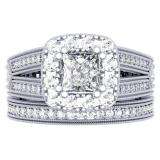 1.50 Carat (ctw) 10K White Gold Princess & Round Cut Diamond Ladies Split Shank Halo Style Bridal Engagement Ring With Matching Band Set 1 1/2 CT
