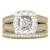 1.50 Carat (ctw) 10K Yellow Gold Princess & Round Cut Diamond Ladies Split Shank Halo Style Bridal Engagement Ring With Matching Band Set 1 1/2 CT