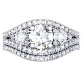 1.75 Carat (ctw) 10K White Gold Round Diamond Ladies 3 Stone Bridal Engagement Ring Set 1 3/4 CT