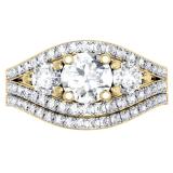 1.75 Carat (ctw) 14K Yellow Gold Round Diamond Ladies 3 Stone Bridal Engagement Ring Set 1 3/4 CT