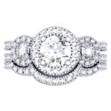 1.50 Carat (ctw) 10K White Gold Round Diamond Ladies 3 Stone Split Shank Halo Style Bridal Engagement Ring With Matching Band 1 1/2 CT