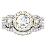 1.50 Carat (ctw) 10K Yellow Gold Round Diamond Ladies 3 Stone Split Shank Halo Style Bridal Engagement Ring With Matching Band 1 1/2 CT
