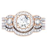 1.50 Carat (ctw) 14K Rose Gold Round Diamond Ladies 3 Stone Split Shank Halo Style Bridal Engagement Ring With Matching Band 1 1/2 CT