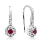 0.45 Carat (ctw) 14K White Gold Round Red Ruby & White Diamond Ladies Halo Style Dangling Drop Earrings 1/2 CT