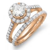 1.75 Carat (ctw) 10K Rose Gold Round Cut Diamond Ladies Halo Style Bridal Engagement Ring Matching Band Set 1 3/4 CT