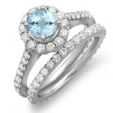 1.75 Carat (ctw) 14K White Gold Round Cut Diamond & Aquamarine Ladies Halo Style Bridal Engagement Ring Matching Band Set 1 3/4 CT