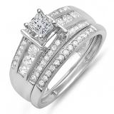 1.00 Carat (ctw) 10k White Gold Princess & Round Diamond Ladies Bridal Ring Set Matching Band