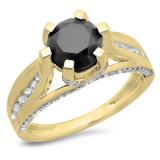 2.80 Carat (ctw) 14K Yellow Gold Round Cut Black & White Diamond Ladies Solitaire With Accents Bridal Engagement Ring