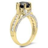2.80 Carat (ctw) 14K Yellow Gold Round Cut Black & White Diamond Ladies Solitaire With Accents Bridal Engagement Ring