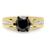 2.80 Carat (ctw) 14K Yellow Gold Round Cut Black & White Diamond Ladies Solitaire With Accents Bridal Engagement Ring