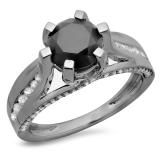 2.80 Carat (ctw) Black Rhodium Plated 10K White Gold Round Cut Black & White Diamond Ladies Solitaire With Accents Bridal Engagement Ring