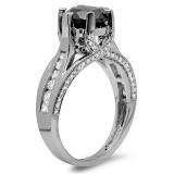 2.80 Carat (ctw) Black Rhodium Plated 10K White Gold Round Cut Black & White Diamond Ladies Solitaire With Accents Bridal Engagement Ring