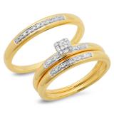 0.15 Carat (ctw) 10K Yellow Gold Round & Baguette Cut Diamond Men & Women's Cluster Engagement Ring Trio Bridal Set