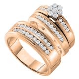 0.95 Carat (ctw) 10K Rose Gold Round Cut Diamond Men & Women's Cluster Flower Engagement Ring Bridal Trio Set 1 CT