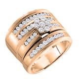 0.95 Carat (ctw) 10K Rose Gold Round Cut Diamond Men & Women's Cluster Flower Engagement Ring Bridal Trio Set 1 CT