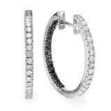 1.00 Carat (ctw) Sterling Silver Black and White Round Diamond Ladies Hoop Earrings 1 CT
