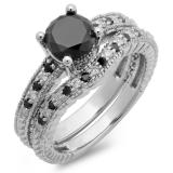 1.75 Carat (ctw) 10K White Gold Round Cut Black & White Diamond Ladies Bridal Engagement Ring With Matching Band Set 1 3/4 CT