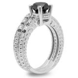 1.75 Carat (ctw) 10K White Gold Round Cut Black & White Diamond Ladies Bridal Engagement Ring With Matching Band Set 1 3/4 CT