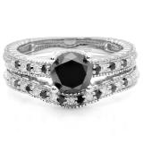 1.75 Carat (ctw) 14K White Gold Round Cut Black & White Diamond Ladies Bridal Engagement Ring With Matching Band Set 1 3/4 CT
