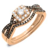 0.60 Carat (ctw) 10K Rose Gold Round Cut Champagne & White Diamond Ladies Swirl Split Shank Bridal Halo Engagement Ring With Matching Band Set