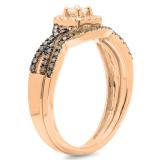 0.60 Carat (ctw) 10K Rose Gold Round Cut Champagne & White Diamond Ladies Swirl Split Shank Bridal Halo Engagement Ring With Matching Band Set