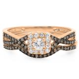 0.60 Carat (ctw) 10K Rose Gold Round Cut Champagne & White Diamond Ladies Swirl Split Shank Bridal Halo Engagement Ring With Matching Band Set