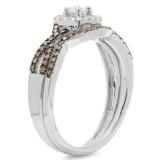 0.60 Carat (ctw) 10K White Gold Round Cut Champagne & White Diamond Ladies Swirl Split Shank Bridal Halo Engagement Ring With Matching Band Set