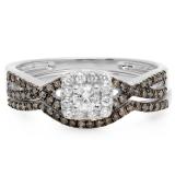 0.60 Carat (ctw) 10K White Gold Round Cut Champagne & White Diamond Ladies Swirl Split Shank Bridal Halo Engagement Ring With Matching Band Set
