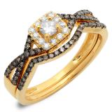 0.60 Carat (ctw) 10K Yellow Gold Round Cut Champagne & White Diamond Ladies Swirl Split Shank Bridal Halo Engagement Ring With Matching Band Set