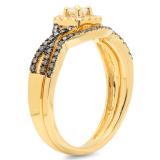 0.60 Carat (ctw) 10K Yellow Gold Round Cut Champagne & White Diamond Ladies Swirl Split Shank Bridal Halo Engagement Ring With Matching Band Set