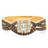 0.60 Carat (ctw) 10K Yellow Gold Round Cut Champagne & White Diamond Ladies Swirl Split Shank Bridal Halo Engagement Ring With Matching Band Set