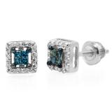 0.30 Carat (ctw) 10K White Gold Princess & Round Blue & White Diamond Ladies Square Shape Invisible Set Stud Earrings 1/3 CT