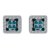 0.30 Carat (ctw) 10K White Gold Princess & Round Blue & White Diamond Ladies Square Shape Invisible Set Stud Earrings 1/3 CT