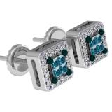 0.30 Carat (ctw) 10K White Gold Princess & Round Blue & White Diamond Ladies Square Shape Invisible Set Stud Earrings 1/3 CT