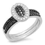 0.55 Carat (ctw) 925 Sterling Silver Round Black & White Diamond Ladies Oval Bridal Promise Engagement Ring Set With Matching Band 1/2 CT