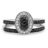 0.55 Carat (ctw) 925 Sterling Silver Round Black & White Diamond Ladies Oval Bridal Promise Engagement Ring Set With Matching Band 1/2 CT