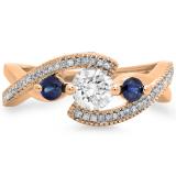 1.00 Carat (ctw) 10K Rose Gold Round Blue Sapphire & White Diamond Ladies Swirl Split Shank Bypass Engagement 3 Stone Bridal Ring 1 CT